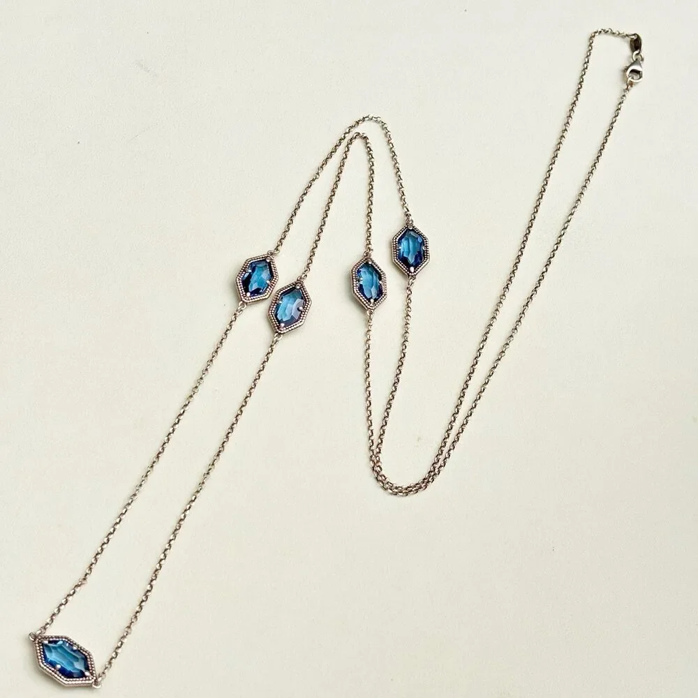 Dyadema Italy 925 Sterling Silver Rose Gold Tone Blue Crystal Station Necklace - Picture 1 of 6